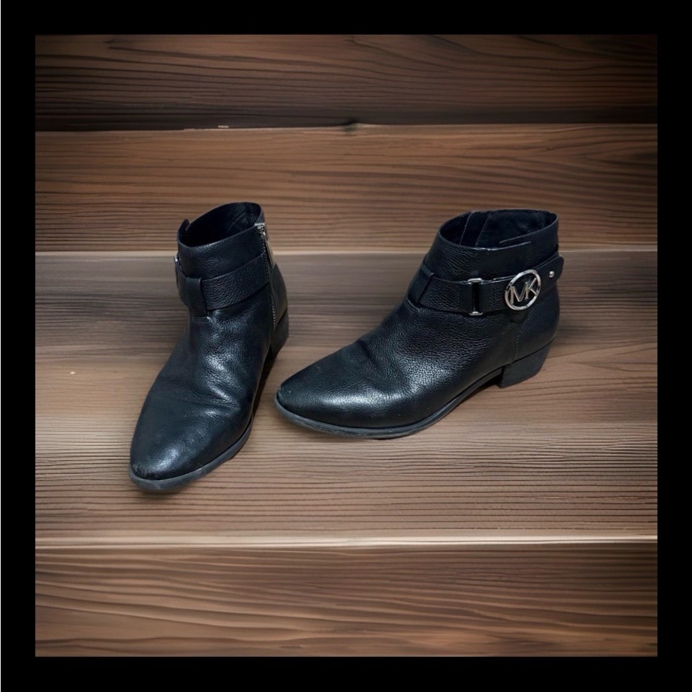 Michael Kors Black Leather Ankle Booties with MK Logo Strap